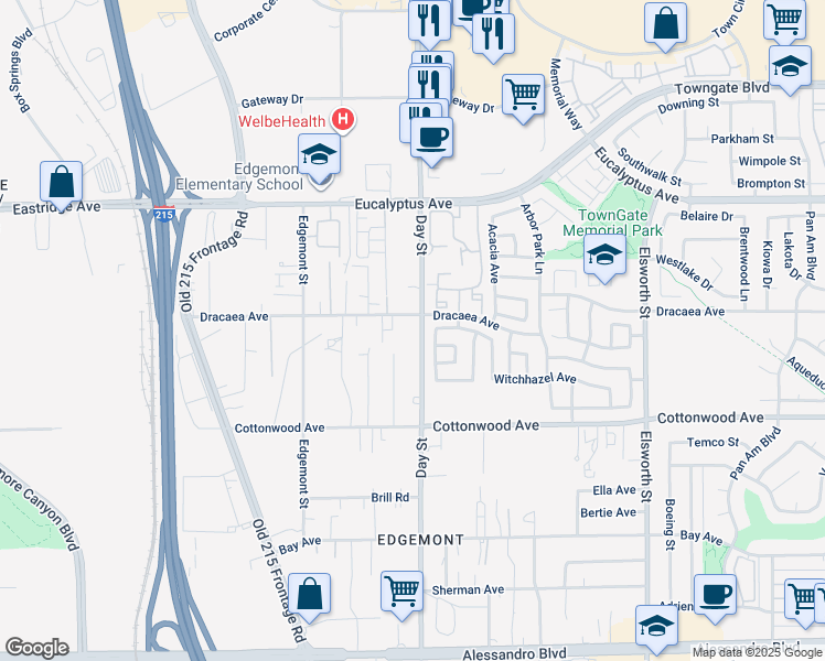 map of restaurants, bars, coffee shops, grocery stores, and more near 13277 Day Street in Moreno Valley