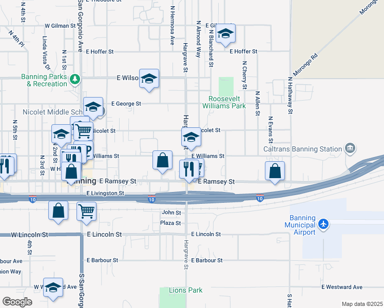 map of restaurants, bars, coffee shops, grocery stores, and more near in Banning