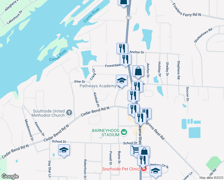 map of restaurants, bars, coffee shops, grocery stores, and more near 1802 Lakeview Road in Gadsden