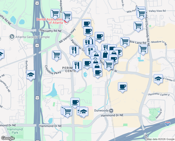 map of restaurants, bars, coffee shops, grocery stores, and more near 7000 Central Parkway Northeast in Atlanta