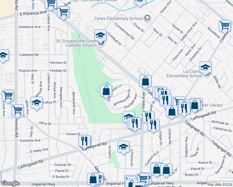 map of restaurants, bars, coffee shops, grocery stores, and more near 14137 Viburnum Drive in Whittier