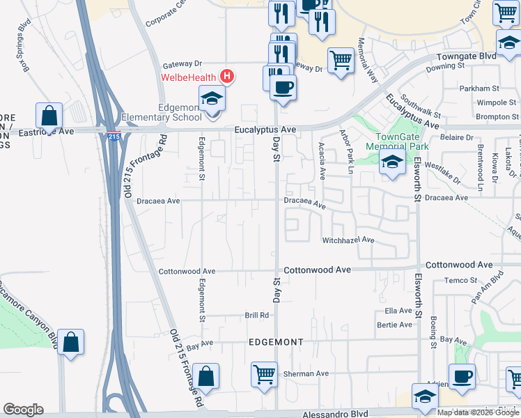 map of restaurants, bars, coffee shops, grocery stores, and more near 21947 Dracaea Avenue in Moreno Valley