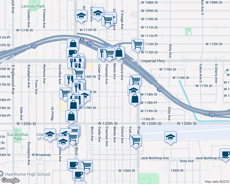 map of restaurants, bars, coffee shops, grocery stores, and more near West 118th Street & Menlo Avenue in Hawthorne