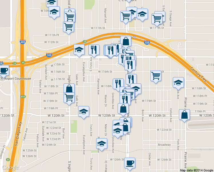 map of restaurants, bars, coffee shops, grocery stores, and more near 4558 West 118th Street in Hawthorne