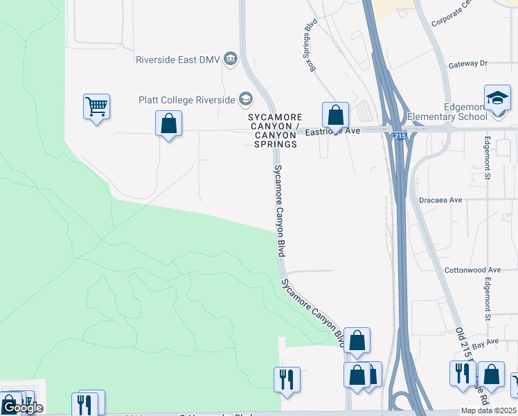 map of restaurants, bars, coffee shops, grocery stores, and more near 6721 Sycamore Canyon Boulevard in Riverside