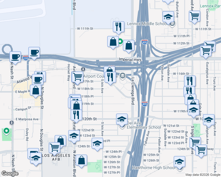map of restaurants, bars, coffee shops, grocery stores, and more near 5220 Pacific Concourse Drive in Los Angeles