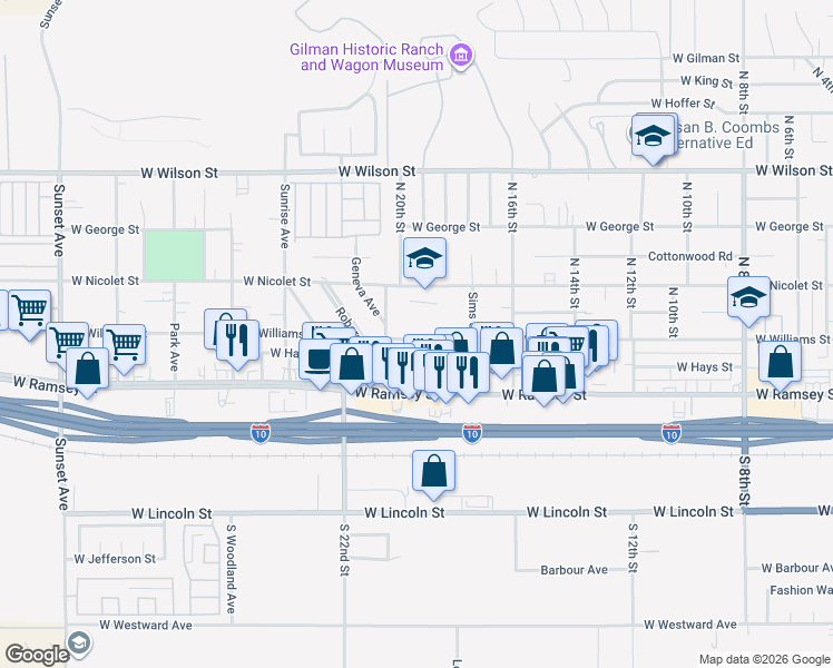 map of restaurants, bars, coffee shops, grocery stores, and more near 1949 West Williams Street in Banning