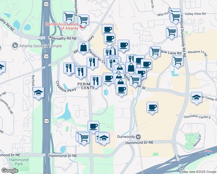 map of restaurants, bars, coffee shops, grocery stores, and more near 7000 Central Parkway Northeast in Atlanta