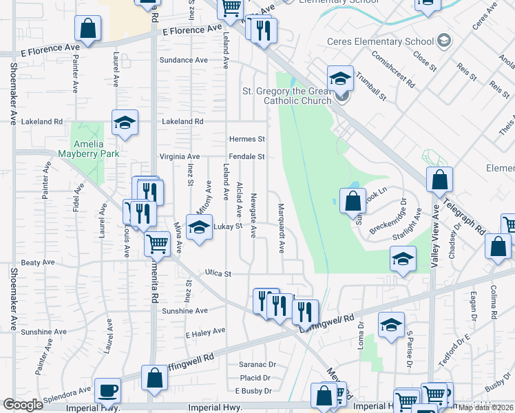 map of restaurants, bars, coffee shops, grocery stores, and more near 11426 Newgate Avenue in Whittier
