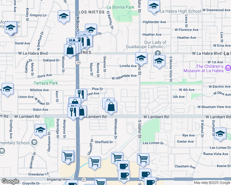 map of restaurants, bars, coffee shops, grocery stores, and more near 540 Juniper Way in La Habra