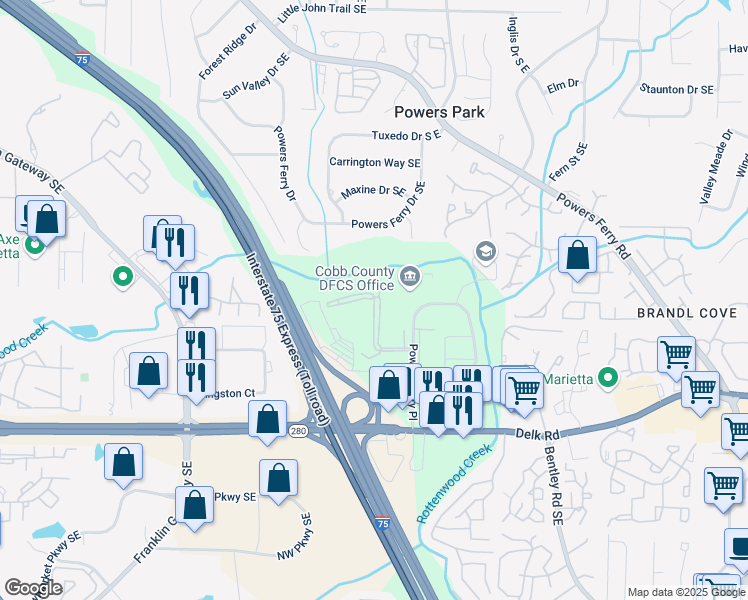 map of restaurants, bars, coffee shops, grocery stores, and more near 3523 Highland Parc Place Southeast in Marietta