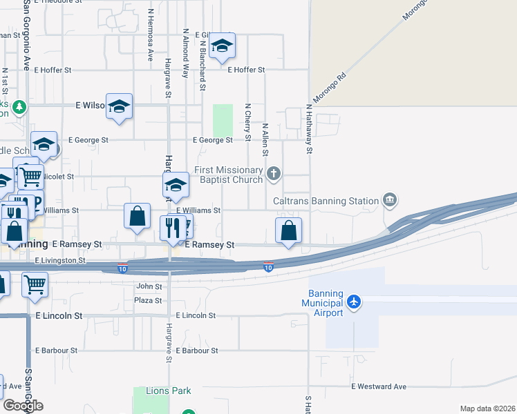 map of restaurants, bars, coffee shops, grocery stores, and more near 1350 East Williams Street in Banning