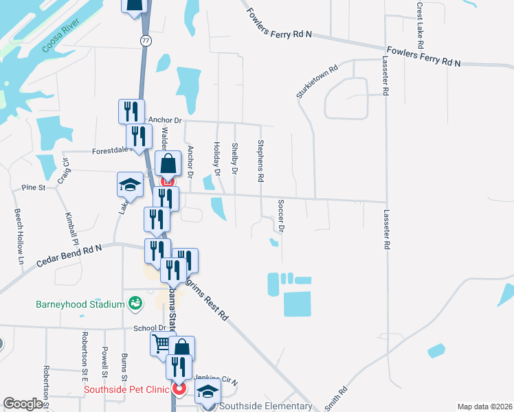map of restaurants, bars, coffee shops, grocery stores, and more near 1798 Amanda Lane in Southside