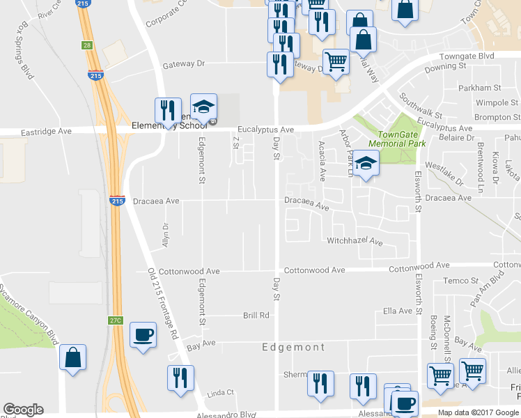 map of restaurants, bars, coffee shops, grocery stores, and more near 21947 Dracaea Avenue in Moreno Valley
