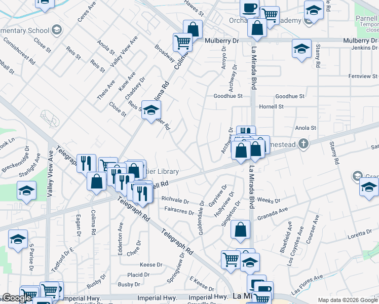 map of restaurants, bars, coffee shops, grocery stores, and more near 11518 Miller Road in Whittier