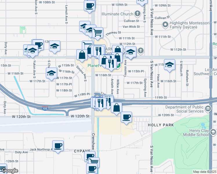 map of restaurants, bars, coffee shops, grocery stores, and more near 11804 Chanera Avenue in Hawthorne
