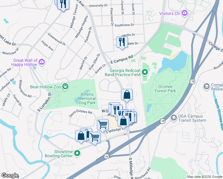 map of restaurants, bars, coffee shops, grocery stores, and more near 220 Habersham Drive in Athens