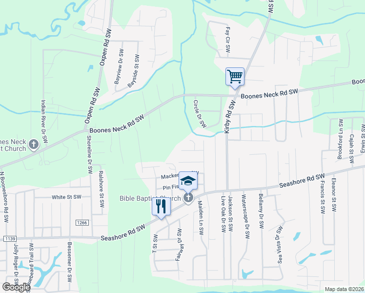 map of restaurants, bars, coffee shops, grocery stores, and more near 2497 Manteo Street Southwest in Brunswick County