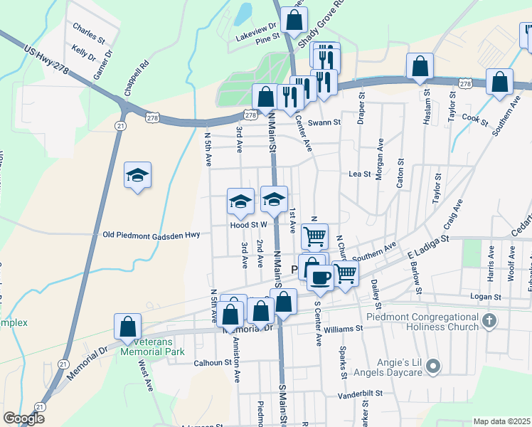 map of restaurants, bars, coffee shops, grocery stores, and more near 401 North Main Street in Piedmont