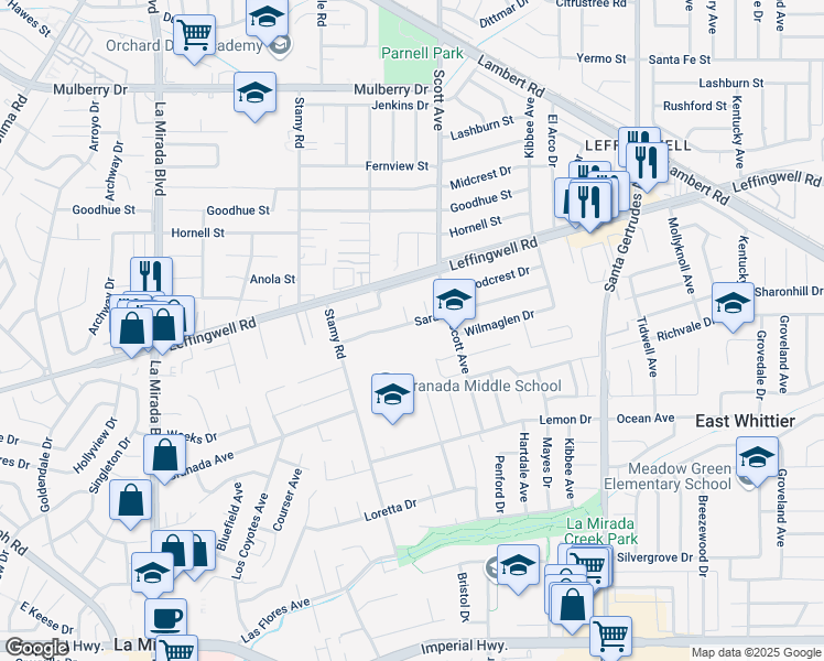 map of restaurants, bars, coffee shops, grocery stores, and more near Saranac Drive in Whittier