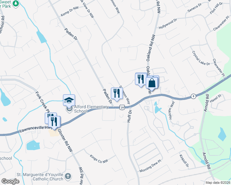 map of restaurants, bars, coffee shops, grocery stores, and more near 312 Paden Cove Trail in Lawrenceville