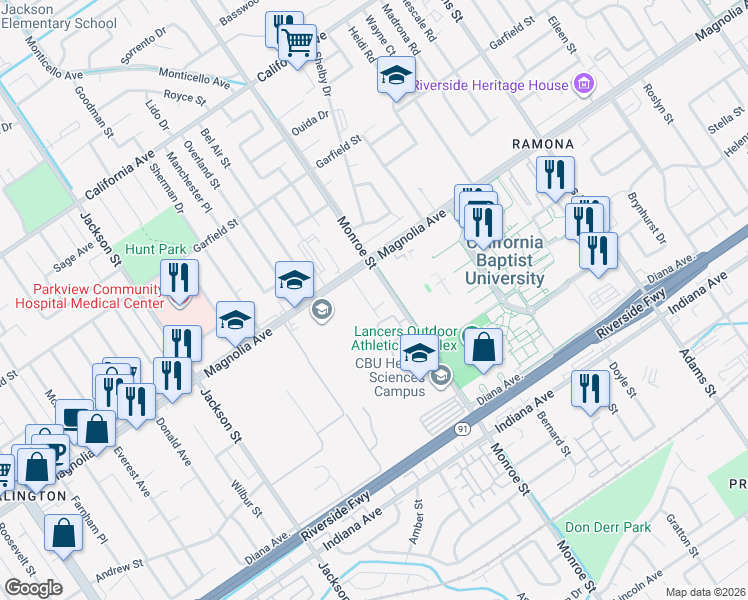 map of restaurants, bars, coffee shops, grocery stores, and more near 8778 Magnolia Avenue in Riverside