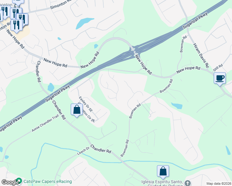 map of restaurants, bars, coffee shops, grocery stores, and more near 1414 Little Hampton Drive in Lawrenceville