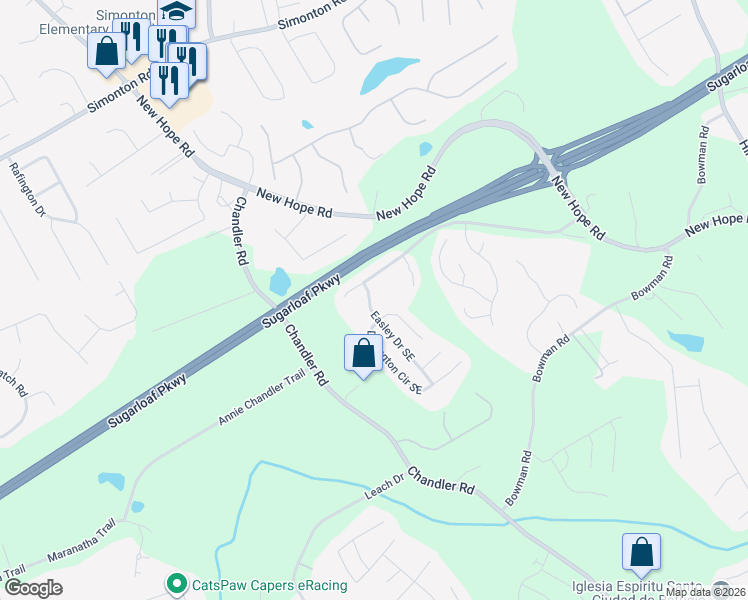 map of restaurants, bars, coffee shops, grocery stores, and more near 464 Easley Drive Southeast in Lawrenceville