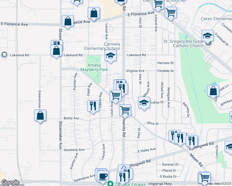map of restaurants, bars, coffee shops, grocery stores, and more near 13305 Meyer Road in Whittier