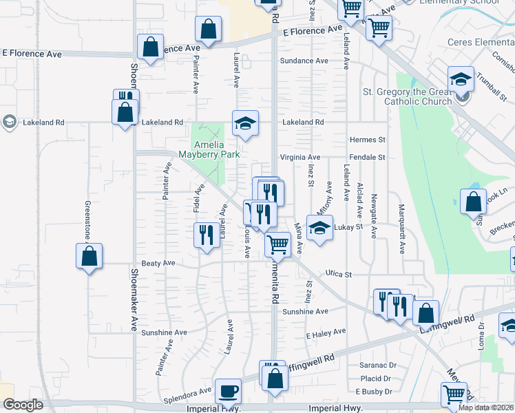 map of restaurants, bars, coffee shops, grocery stores, and more near 11511 Carmenita Road in Whittier