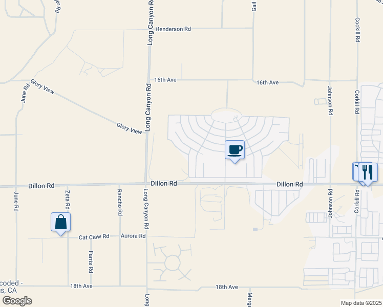 map of restaurants, bars, coffee shops, grocery stores, and more near 16730 Calle Casita in Desert Hot Springs