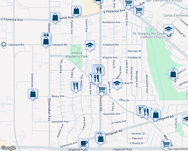 map of restaurants, bars, coffee shops, grocery stores, and more near 13321 Meyer Road in Whittier