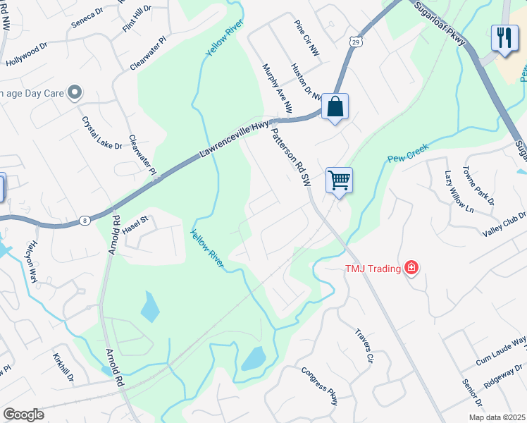 map of restaurants, bars, coffee shops, grocery stores, and more near 305 Holdings Drive in Lawrenceville