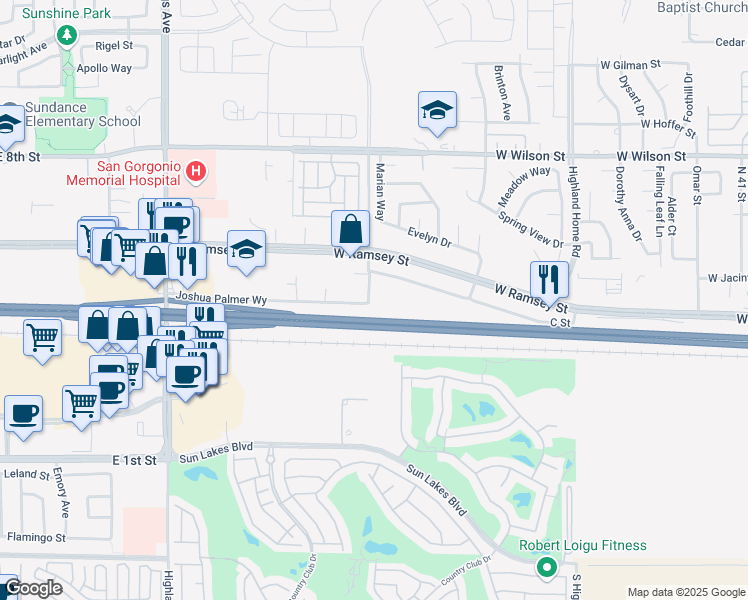 map of restaurants, bars, coffee shops, grocery stores, and more near 298 Apex Avenue in Banning