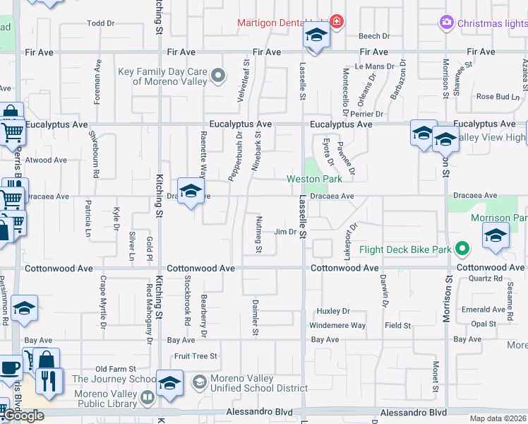 map of restaurants, bars, coffee shops, grocery stores, and more near 13288 Nutmeg Street in Moreno Valley
