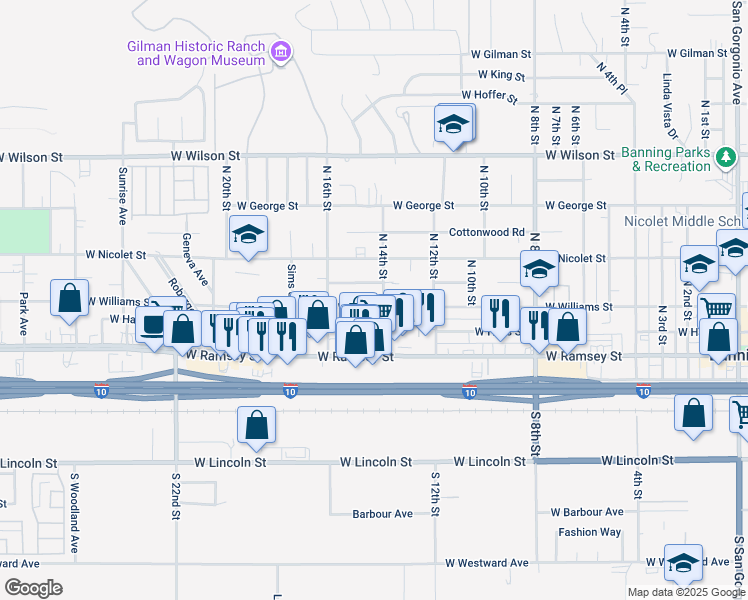 map of restaurants, bars, coffee shops, grocery stores, and more near 1414 West Williams Street in Banning