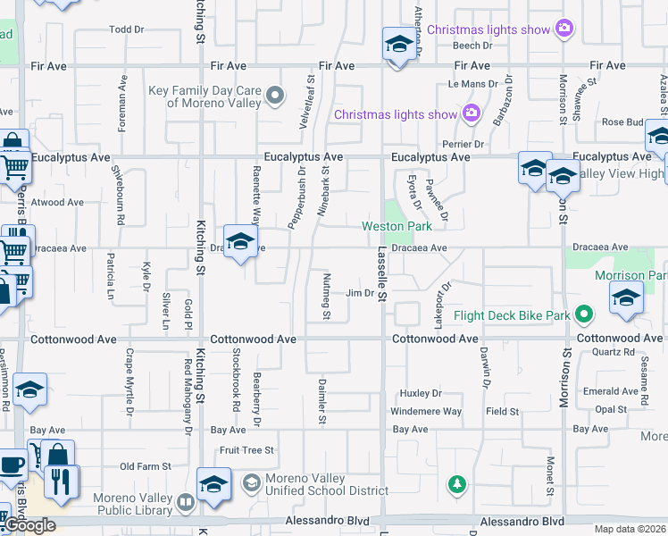 map of restaurants, bars, coffee shops, grocery stores, and more near 13324 Nutmeg Street in Moreno Valley