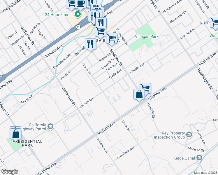 map of restaurants, bars, coffee shops, grocery stores, and more near 2875 Grace Street in Riverside