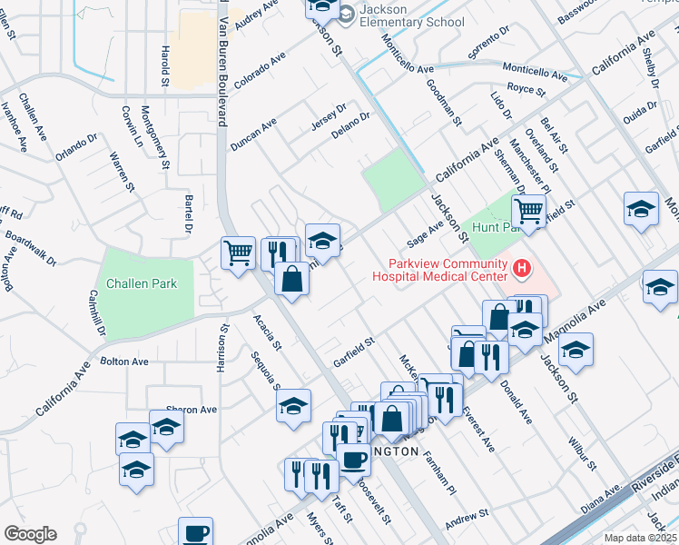 map of restaurants, bars, coffee shops, grocery stores, and more near 4150 Macarthur Road in Riverside