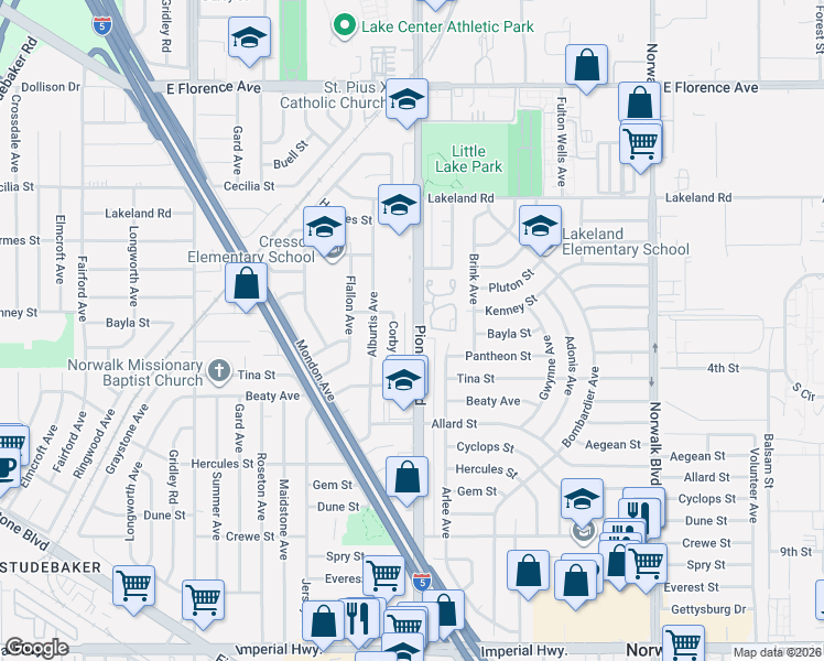 map of restaurants, bars, coffee shops, grocery stores, and more near 11502 Pioneer Boulevard in Norwalk