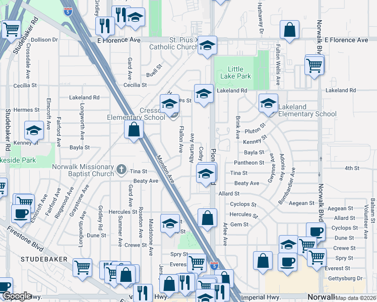 map of restaurants, bars, coffee shops, grocery stores, and more near 11646 Bayla Street in Norwalk