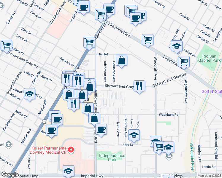 map of restaurants, bars, coffee shops, grocery stores, and more near 9255 Elm Vista Drive in Downey