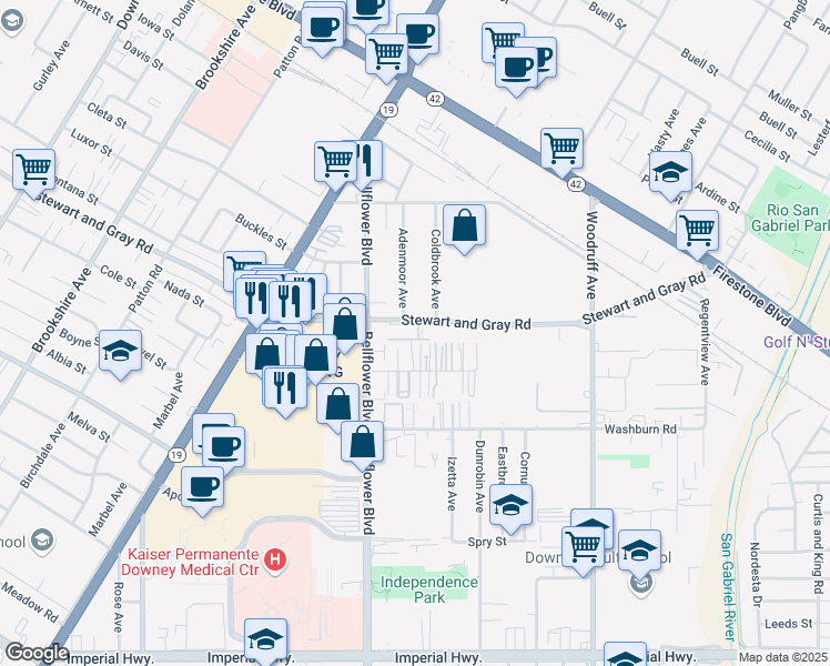 map of restaurants, bars, coffee shops, grocery stores, and more near 9255 Elm Vista Drive in Downey