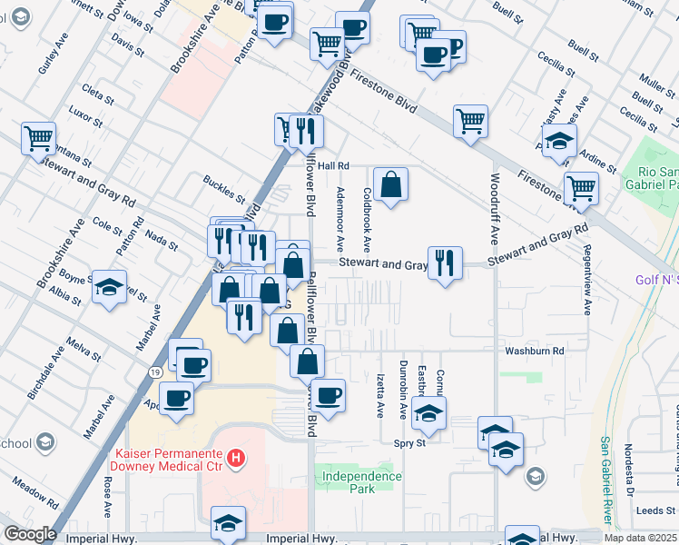 map of restaurants, bars, coffee shops, grocery stores, and more near 9255 Elm Vista Drive in Downey