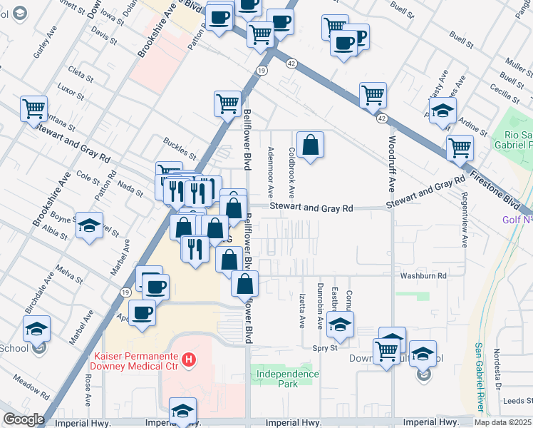 map of restaurants, bars, coffee shops, grocery stores, and more near 11926 Bellflower Boulevard in Downey
