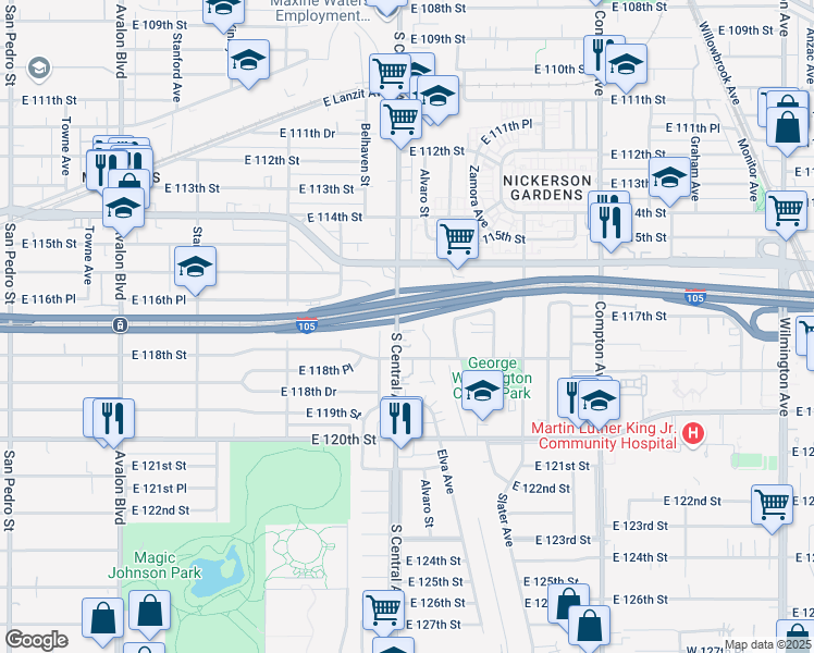 map of restaurants, bars, coffee shops, grocery stores, and more near 11708 South Central Avenue in Los Angeles