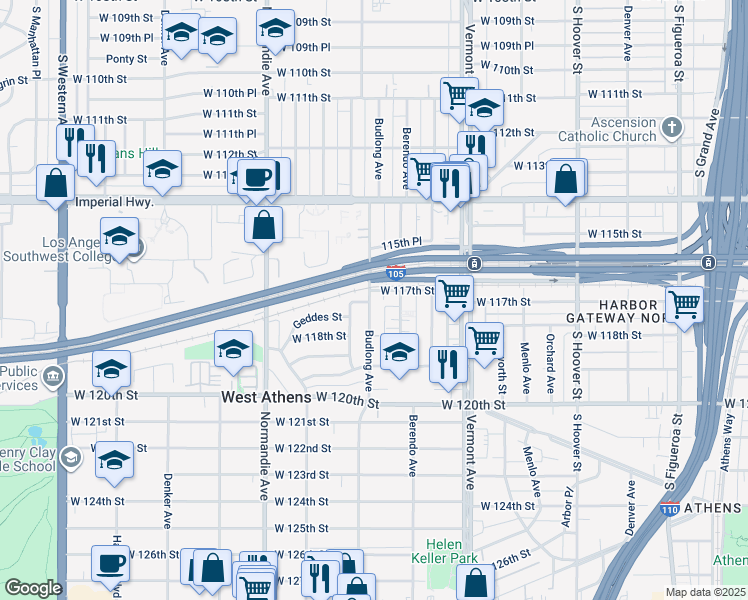 map of restaurants, bars, coffee shops, grocery stores, and more near 11723 Budlong Avenue in Los Angeles