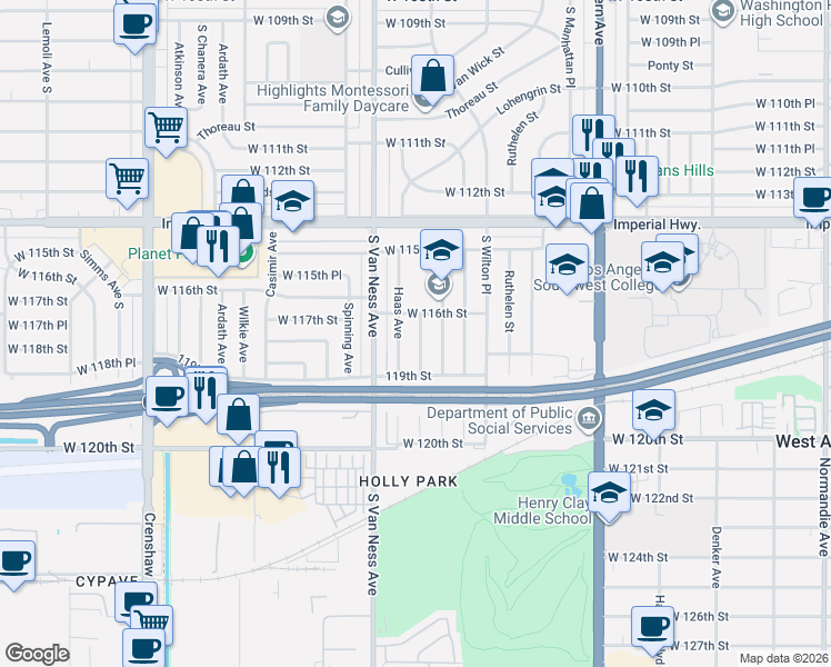 map of restaurants, bars, coffee shops, grocery stores, and more near 11703 Cimarron Avenue in Hawthorne