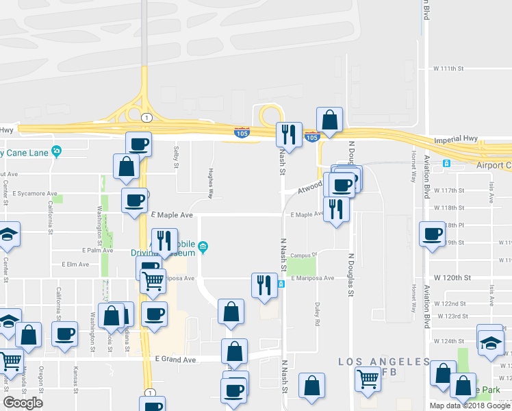 map of restaurants, bars, coffee shops, grocery stores, and more near 2051 East Maple Avenue in El Segundo