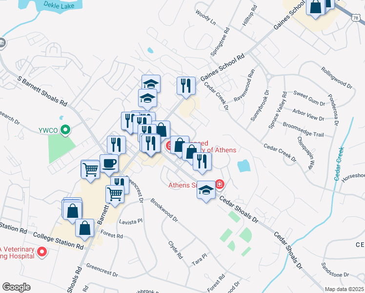 map of restaurants, bars, coffee shops, grocery stores, and more near 131 Barrington Drive in Athens